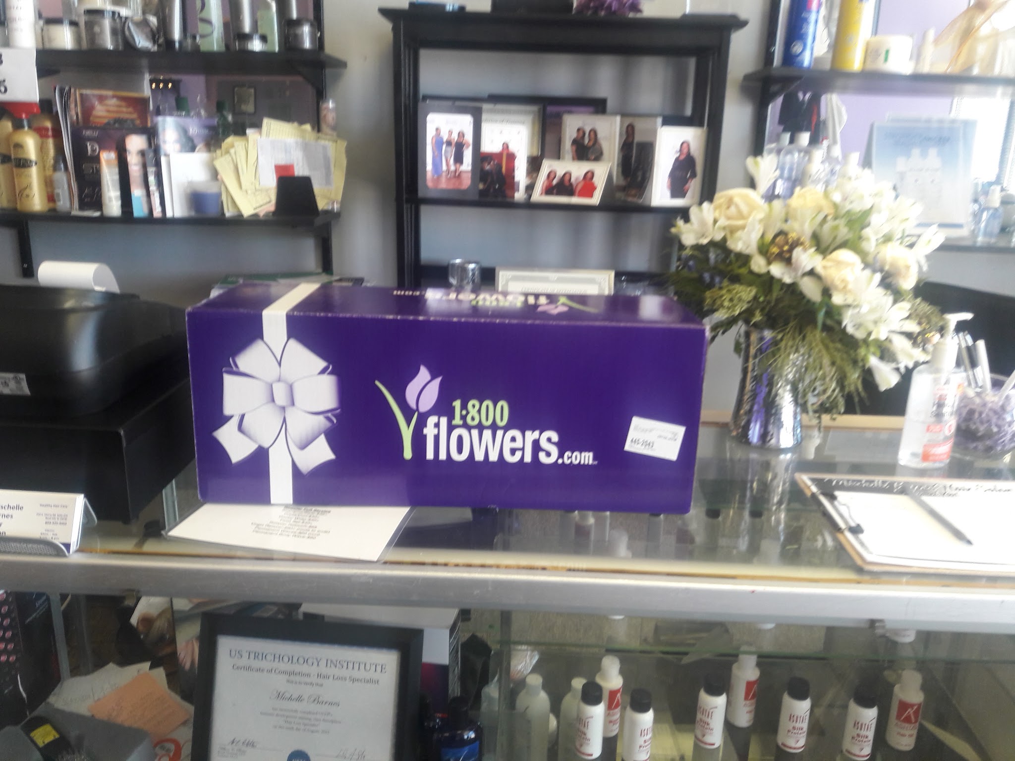 Reception counter with flowers and products